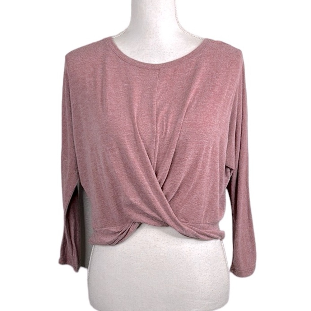 PST Los Angeles Burgundy & White Front Knot Cropped Long Sleeve Top Size Large
